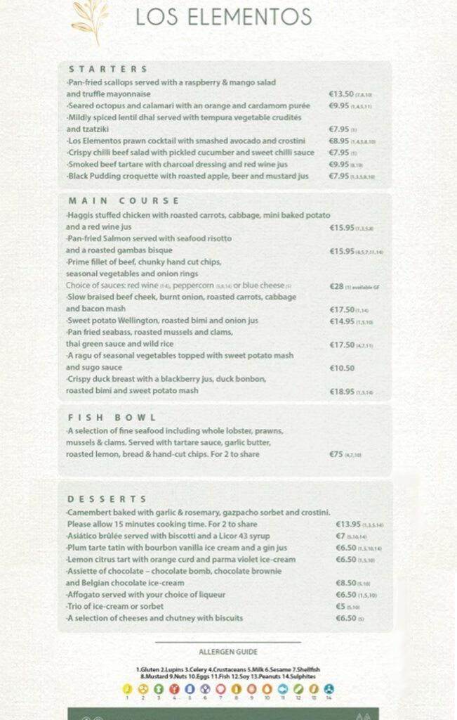 Restaurant Los pacheco a la carte menu